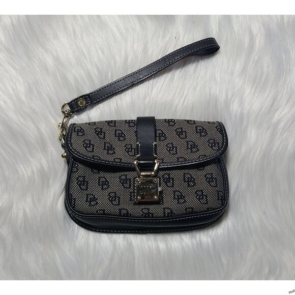 Vintage Dooney & Bourke Monogram Canvas Leather Wristlet - Picture 1 of 10